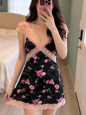 Current Mood Black Floral Slip Dress with Pink Lace Trim